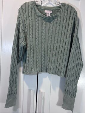 Sincerely Jules 100% Cotton Cable Knit Cropped Raw Hem M Sweater Sage Green